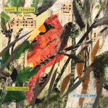 Red cardinal in branches in collage