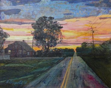 collage art of long country road at dusk with house