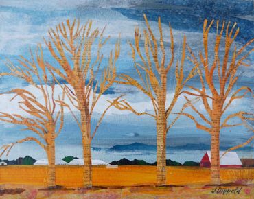 collage art of four trees lit by sun in farm field