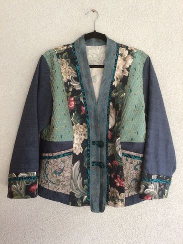 one-of-a-kind jacket with multiple fabrics including vintage bark cloth, up-cycled upholstery remnan