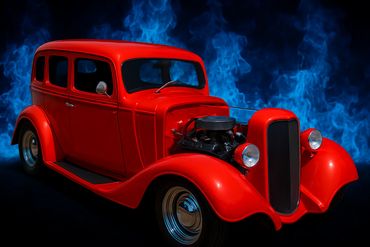 Classic red vintage hot rod car with blue smoke background.
