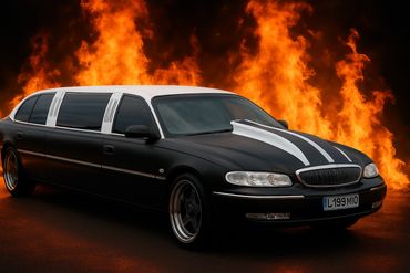 Black and white limousine with racing stripes in front of large flames.