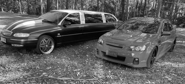 Black limousine and red sports car parked on grass in wooded area.