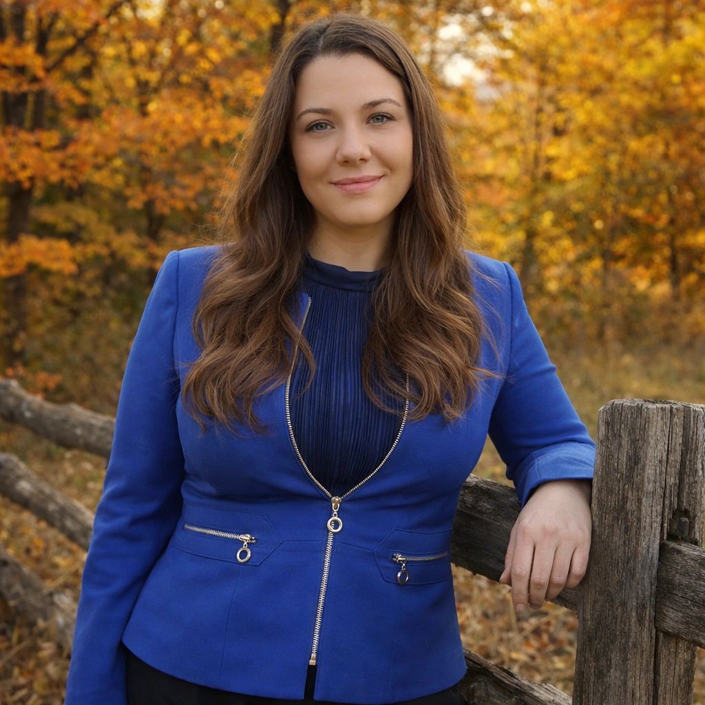 Woman in a blue jacket posing by a wooden fence with autumn foliage.