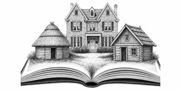 Open book with illustrations of three different houses.