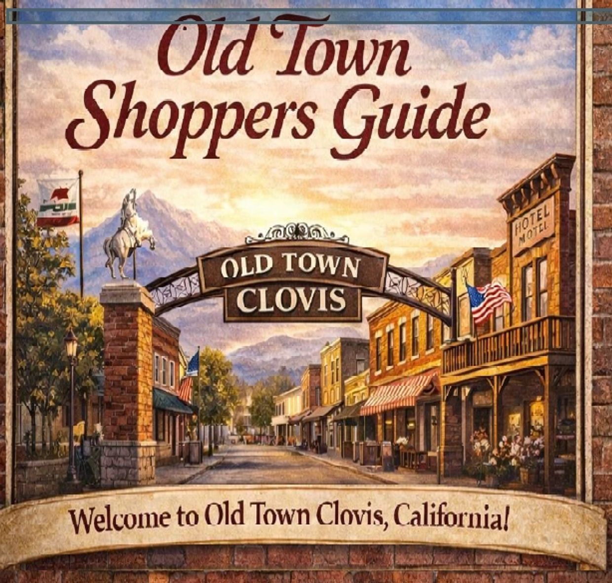 Vintage Old Town Clovis shoppers guide with a welcoming street scene.