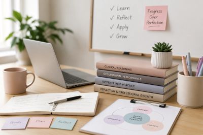 Workspace with a laptop, books, notes, and a motivational whiteboard.