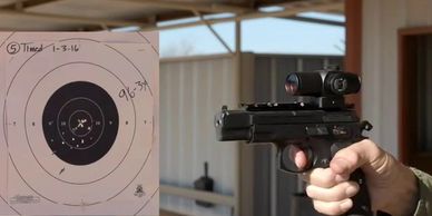 closeup of a gun and a target board 