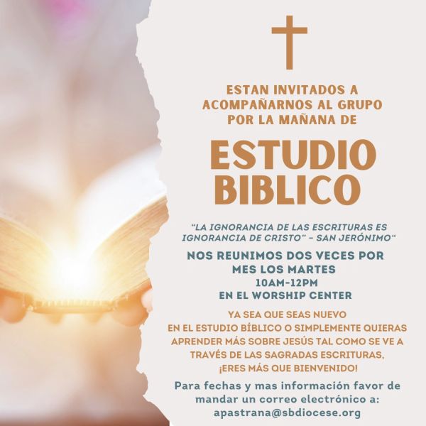 Invitación a grupo de estudio bíblico en español con detalles de reunión y contacto.