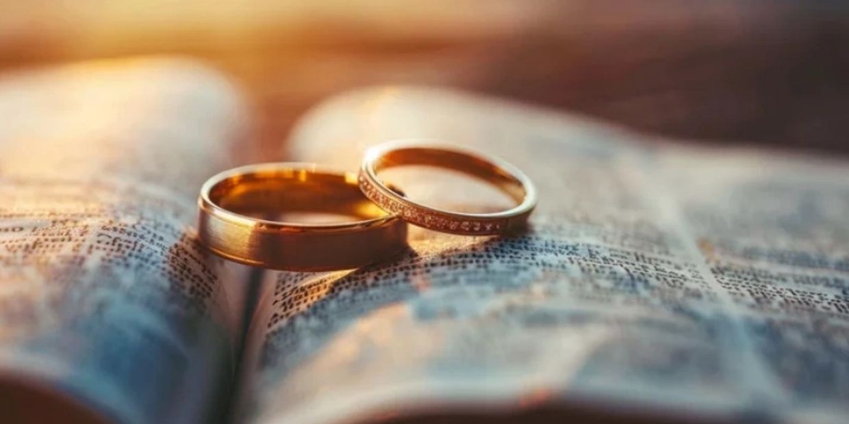 Two gold wedding rings casting a heart-shaped shadow on an open book.