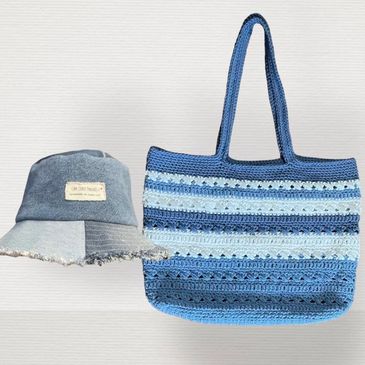 Handmade reversible denim beach bucket hat and hand crocheted blue shoulder bag
