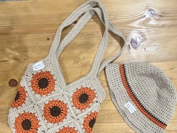 Custom made orange "Donna" cotton crochet shoulder bag and cotton crochet bucket hat