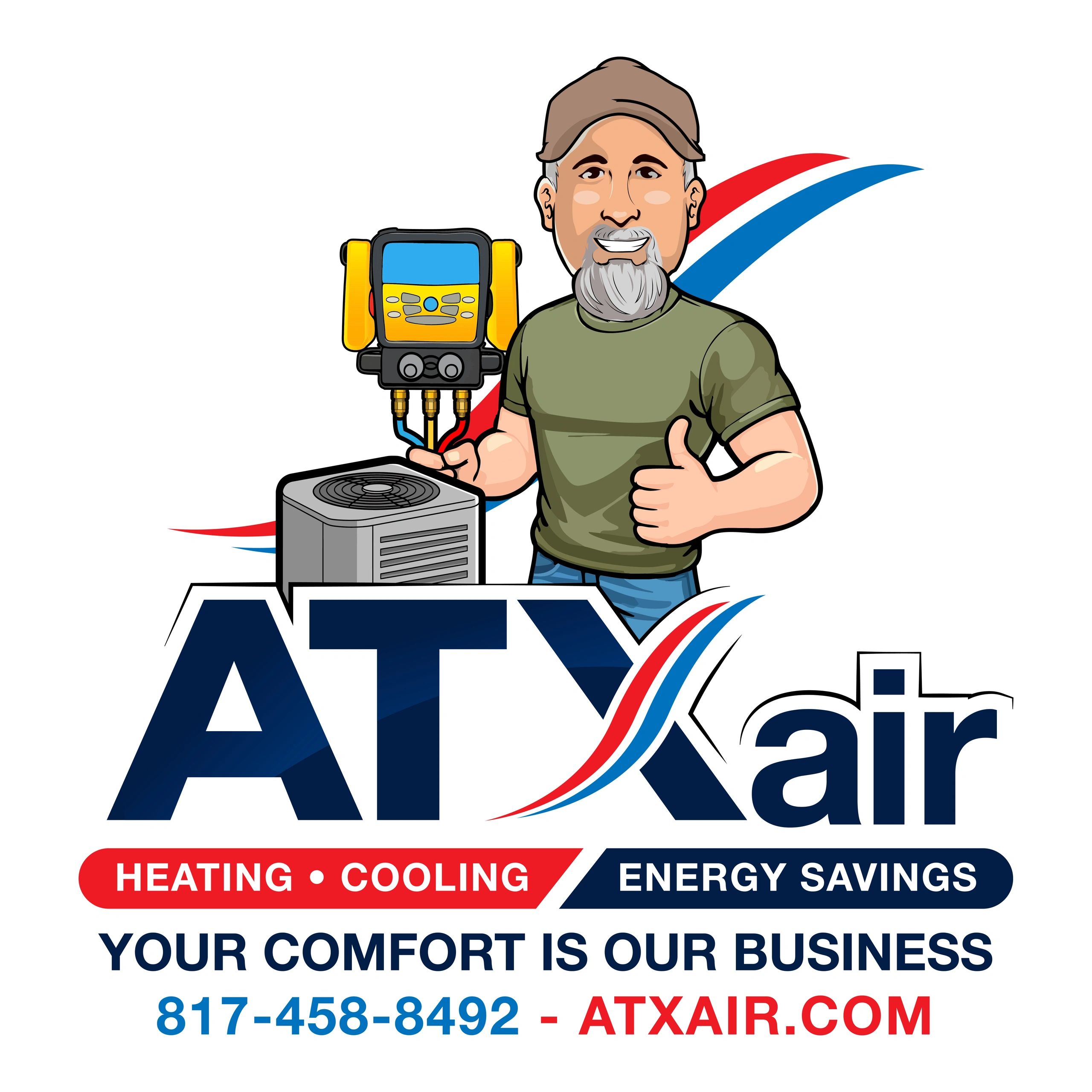 Cartoon HVAC technician with ATXair logo and contact info for heating, cooling, and energy savings.