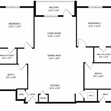Two-bedroom apartment floor plan with balcony and walk-in closets.