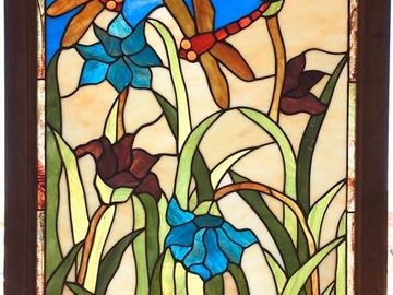 Stained Glass Hanging Framed, Dragon Flies, 42 1/4" x 22 1/8" 
