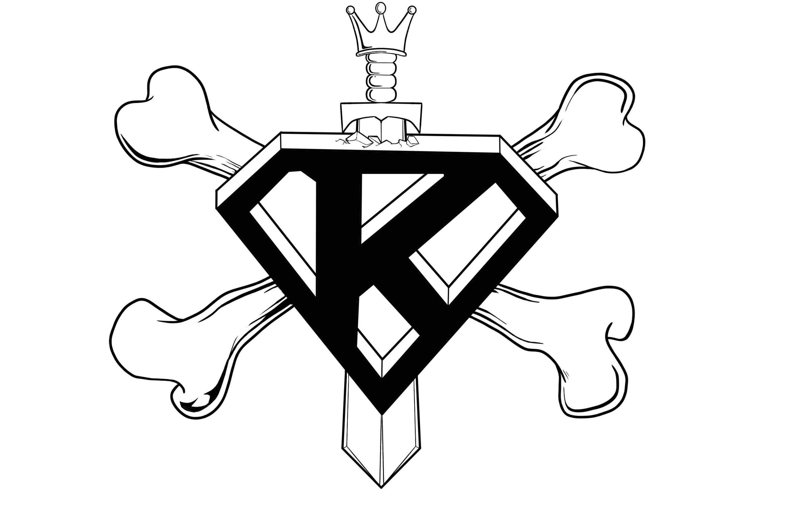 Black and white emblem with a crown-topped sword, crossed bones, and a stylized letter K.