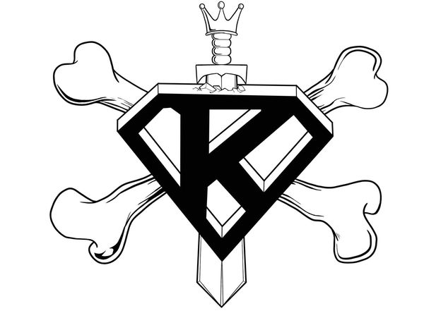 Black and white emblem with a crown-topped sword, crossed bones, and a stylized letter K.