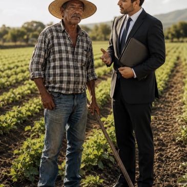Un agricultor y un hombre de negocios conversan en un campo.