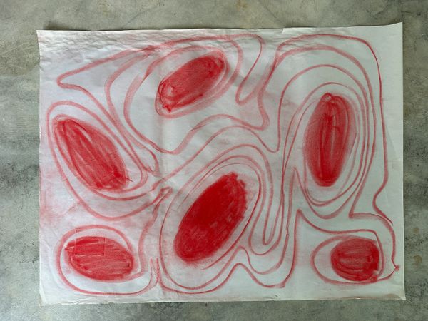 Abstract red shapes with contour lines on a white sheet.