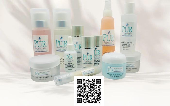 Collection of PUR Botanicals Skin Care products arranged on a white surface.