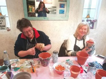 Two ladies in Anna's Funky Art studio decorating terracotta pots
Art social, craft workshop