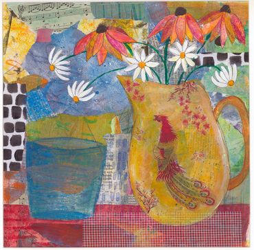 mixed media semi- abstract of a jug of flowers and a glass of water on a table