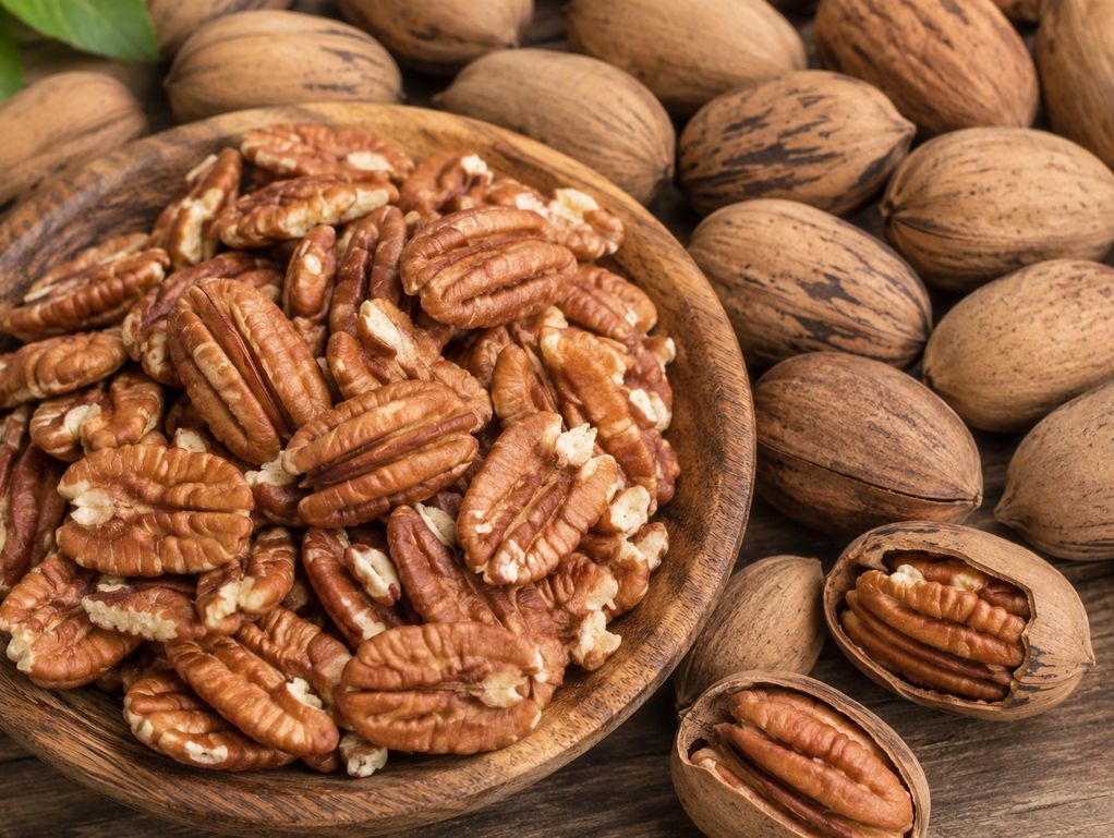Bowl of shelled pecans surrounded by whole pecans in shells.