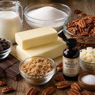 Ingredients for baking including butter, sugar, vanilla, and pecans.