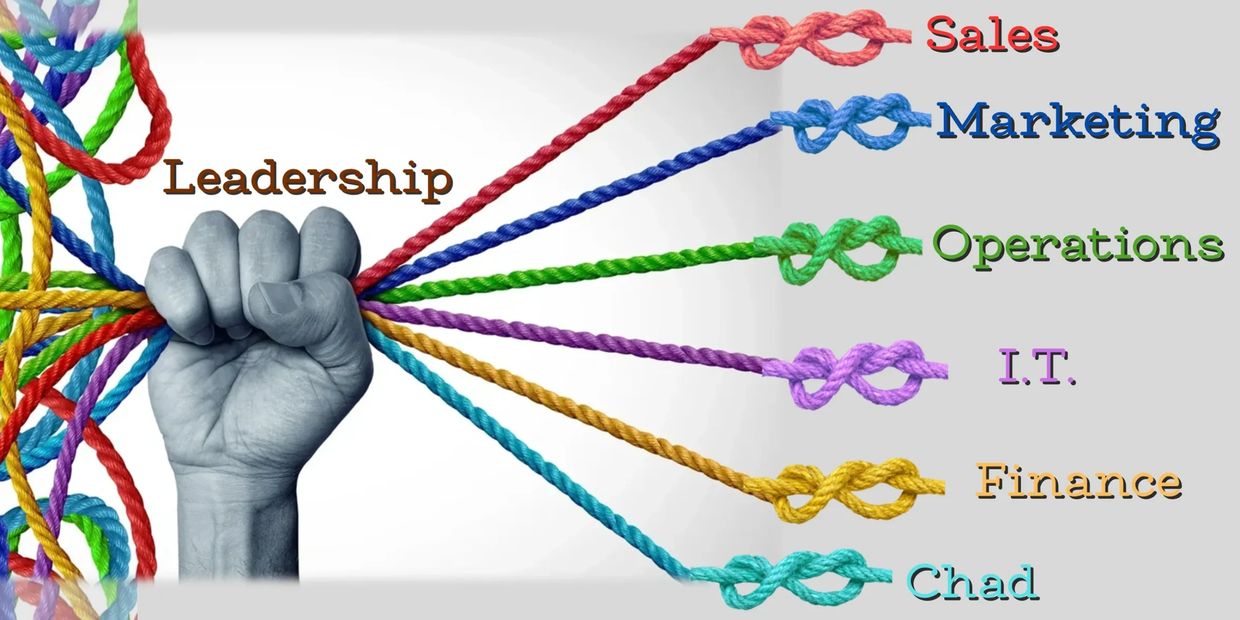 A fist holds colorful ropes symbolizing leadership connecting various departments.