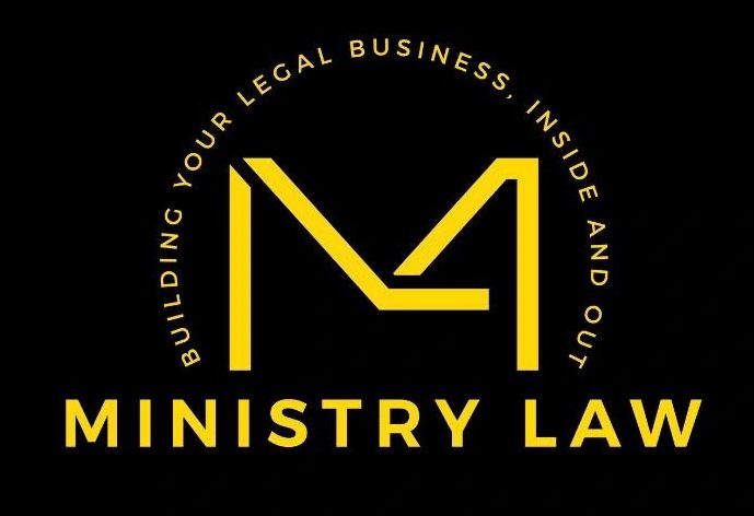 Ministry Law logo with yellow text and symbol on black background.
