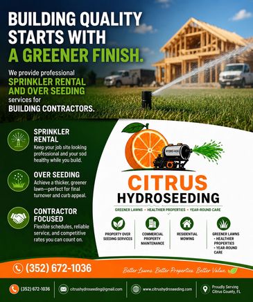 Advertisement for Citrus HydroSeeding offering sprinkler rental and overseeding services.