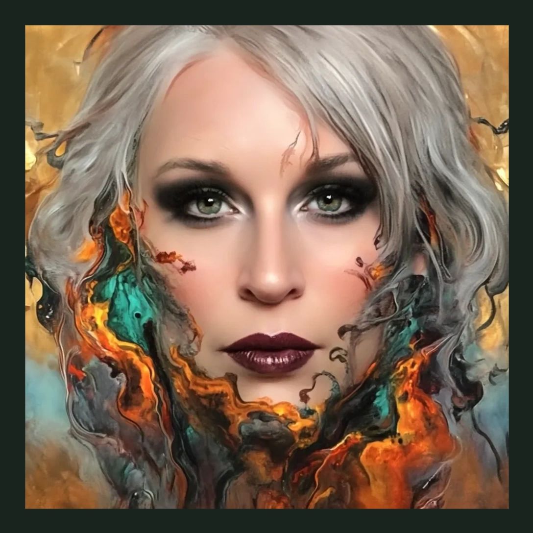 Surreal portrait of a woman with fiery, abstract elements blending into her silver hair.