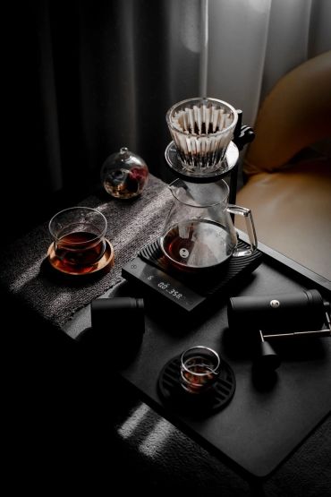 Manual Pour Over Coffee brewing setup with glass cups and a scale.