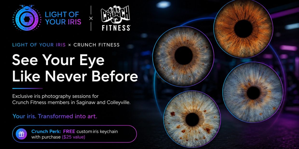 Exclusive iris photography sessions with free custom iris keychain at Crunch Fitness.