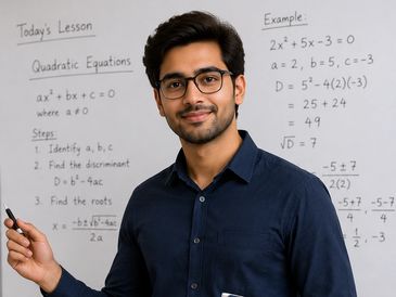 A man teaching quadratic equations at a whiteboard with formulas.