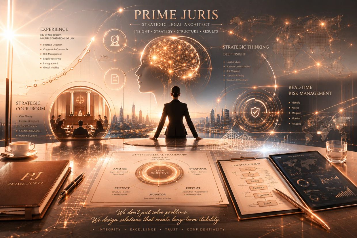 Futuristic legal strategy workspace with holographic displays and a confident professional overlooking a city.