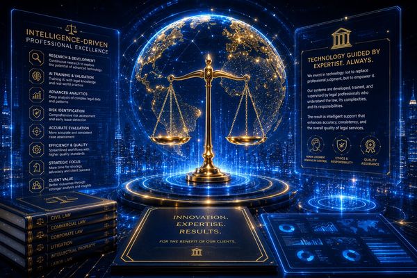 Futuristic digital legal scales representing innovation and expertise in law.