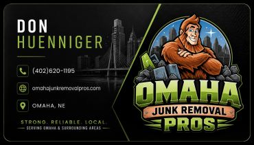 Business card for Don Huenniger of Omaha Junk Removal Pros with contact info and logo.