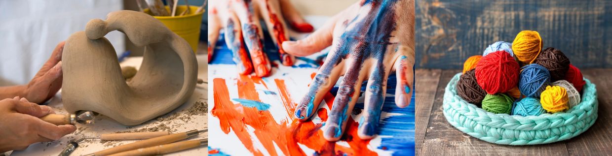clay sculpture, person hand painting and colourful bowls of yarn
