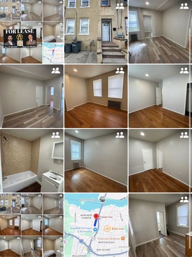 Multiple photos of a rental property including rooms and a location map.