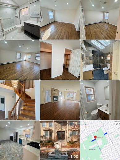 Collage of a renovated home interior and exterior with a location map.