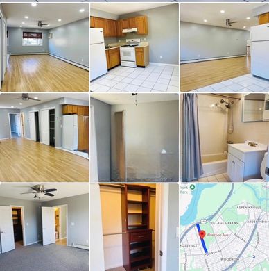 Collage of a bright, empty apartment with kitchen, bathroom, and a map location.