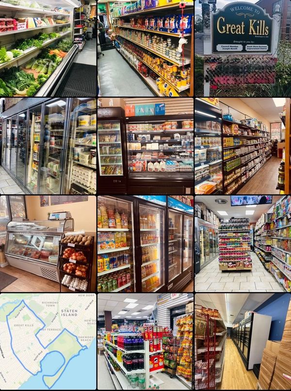 Collage of images from Great Kills grocery store and neighborhood.