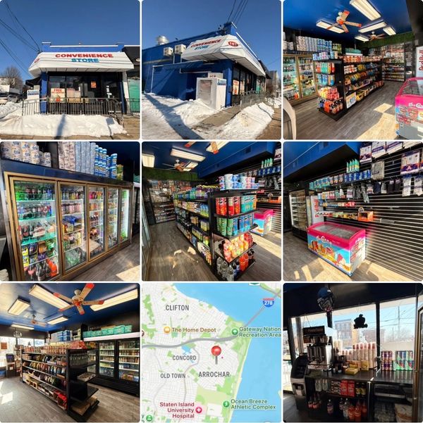 Exterior and interior views of a small convenience store covered in snow.