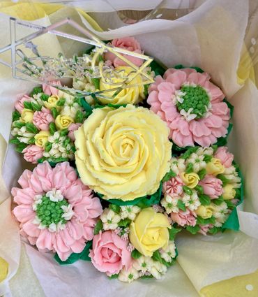 Pink and yellow cupcake bouquet birthday celebration Mother’s Day wedding 