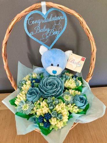 Baby congratulations cupcake bouquet with teddy bear