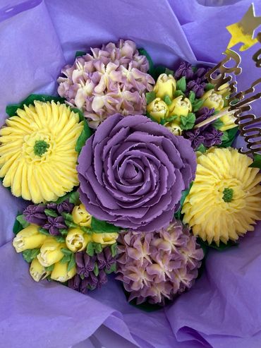 Yellow and purple cupcake bouquet birthday anniversary thank you 