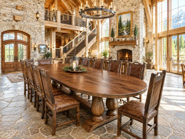 Rustic dining room with large wooden table and fireplace.