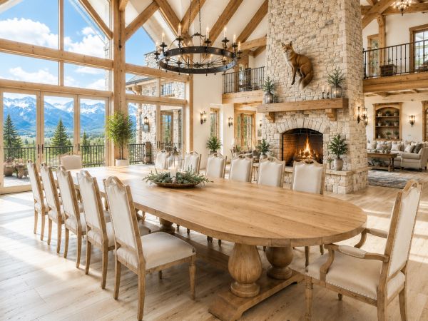 Spacious dining room with wooden table and mountain view.