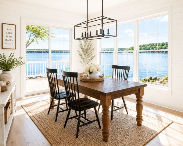 Bright lakeside dining room with wooden furniture.